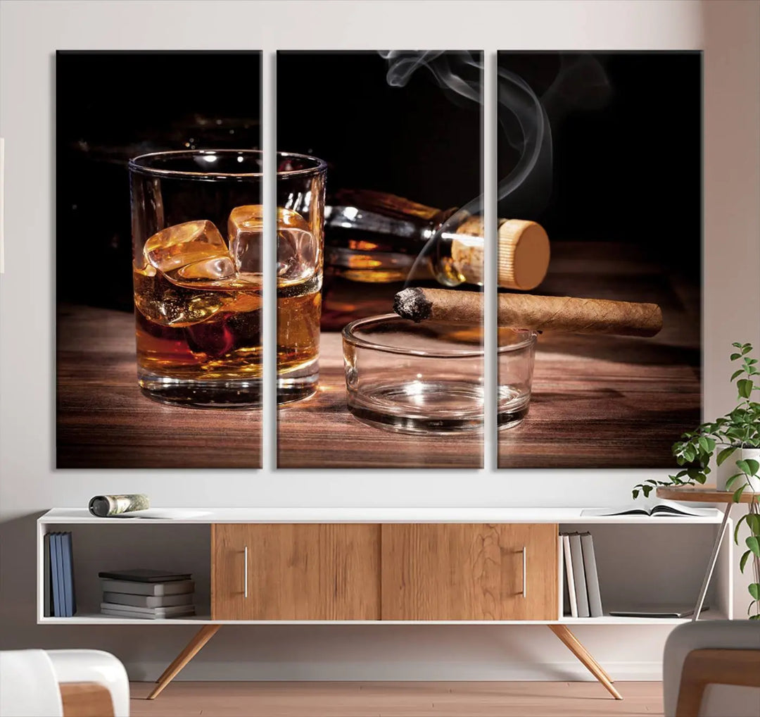 The Elegant Whiskey Art Canvas Print is showcased on the wood table.