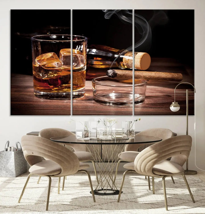 The Elegant Whiskey Art Canvas Print is showcased on the wood table.