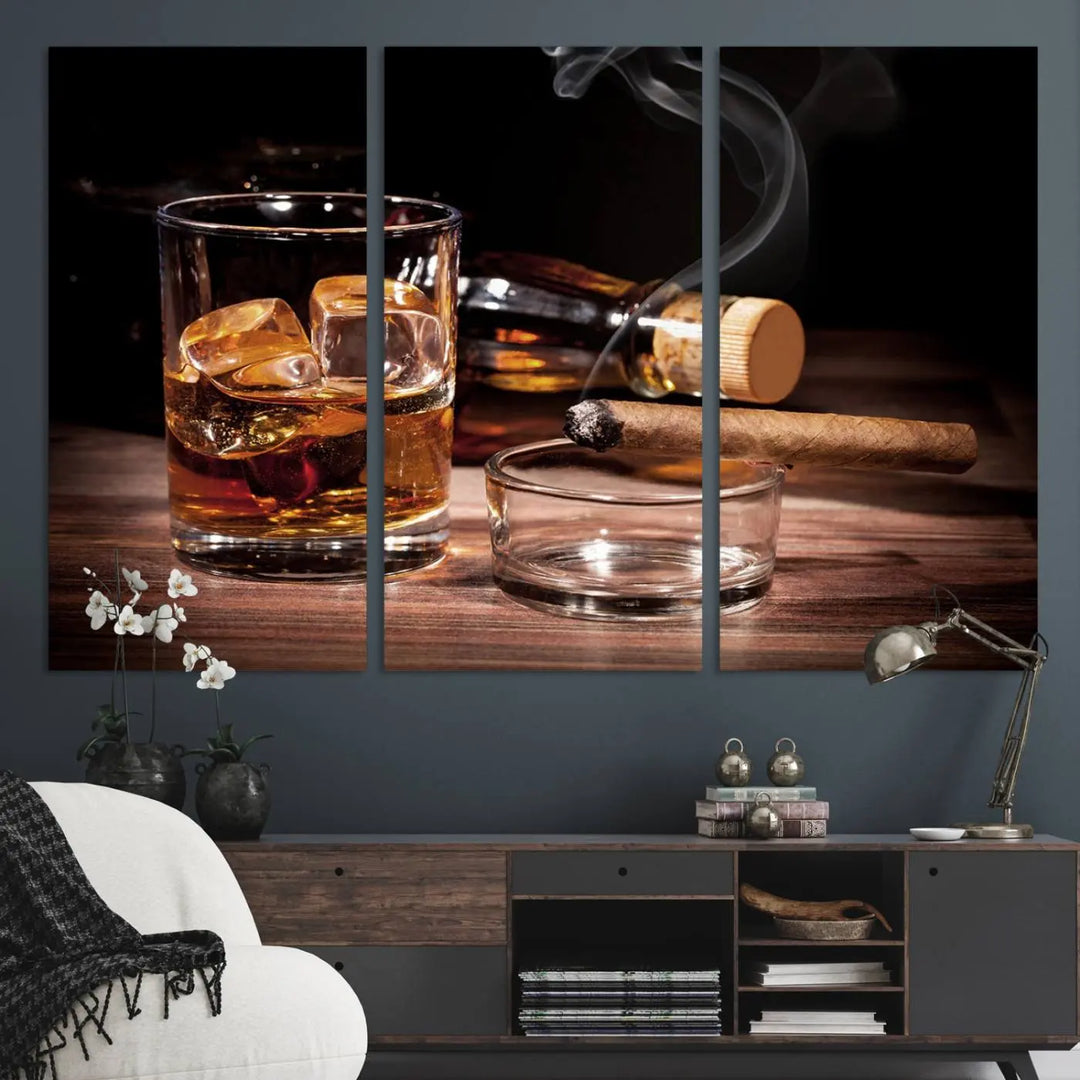 The Elegant Whiskey Art Canvas Print is showcased on the wood table.