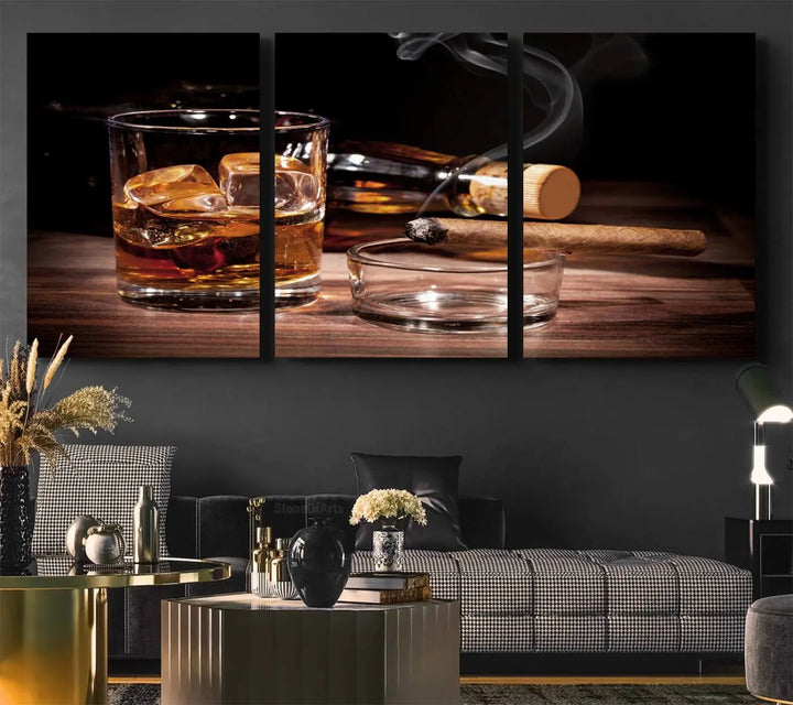 The Elegant Whiskey Art Canvas Print is showcased on the wood table.