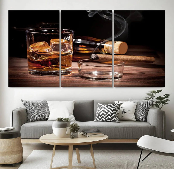 The Elegant Whiskey Art Canvas Print is showcased on the wood table.