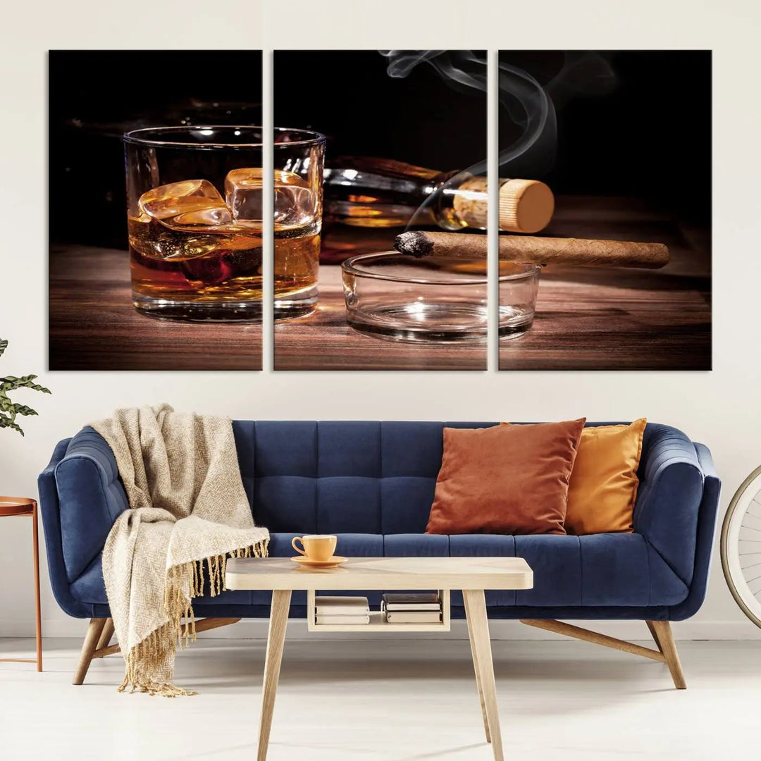 The Elegant Whiskey Art Canvas Print is showcased on the wood table.