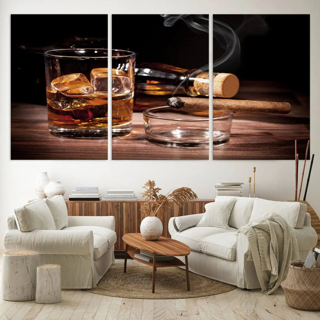 The Elegant Whiskey Art Canvas Print is showcased on the wood table.