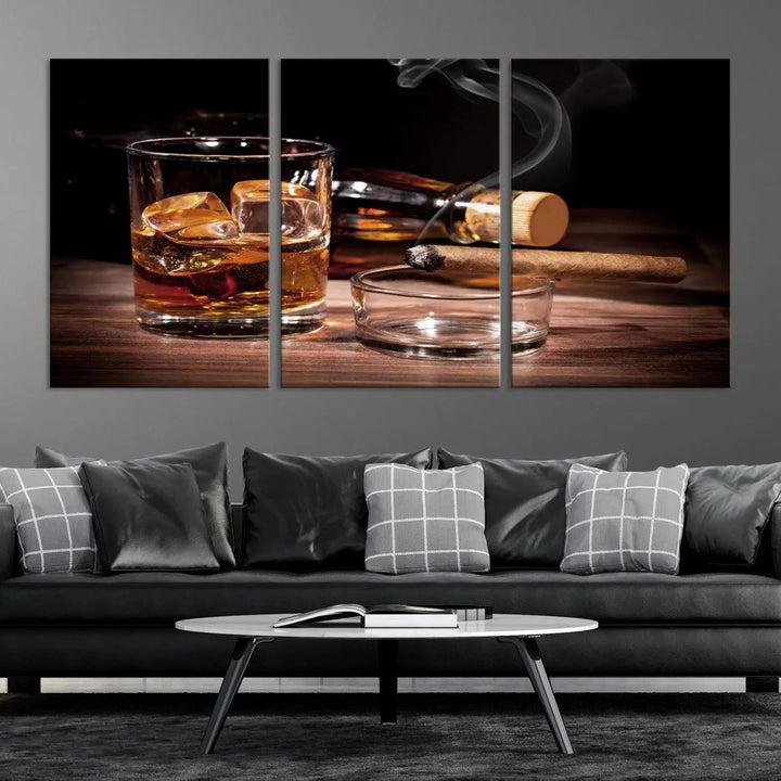 The Elegant Whiskey Art Canvas Print is showcased on the wood table.