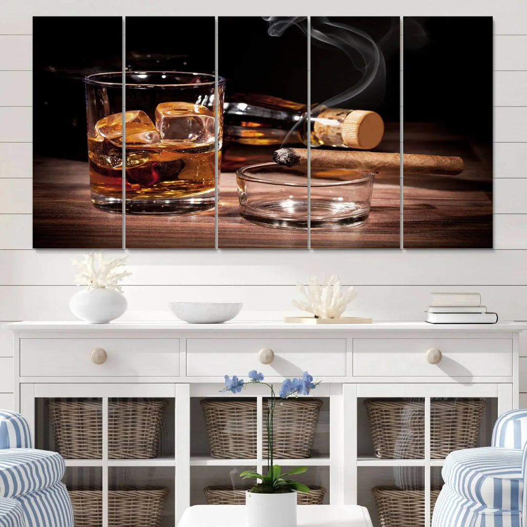 The Elegant Whiskey Art Canvas Print is showcased on the wood table.