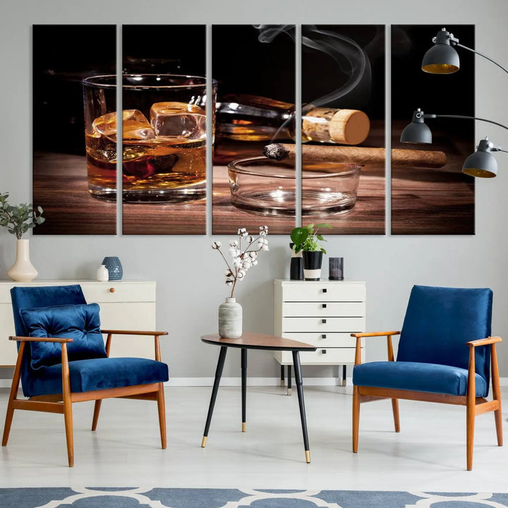 The Elegant Whiskey Art Canvas Print is showcased on the wood table.