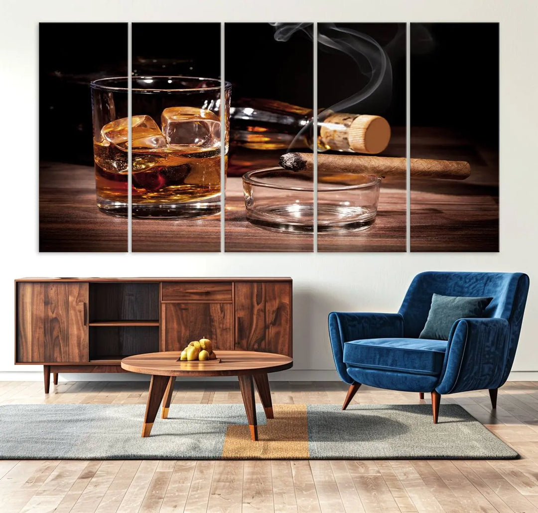 The Elegant Whiskey Art Canvas Print is showcased on the wood table.