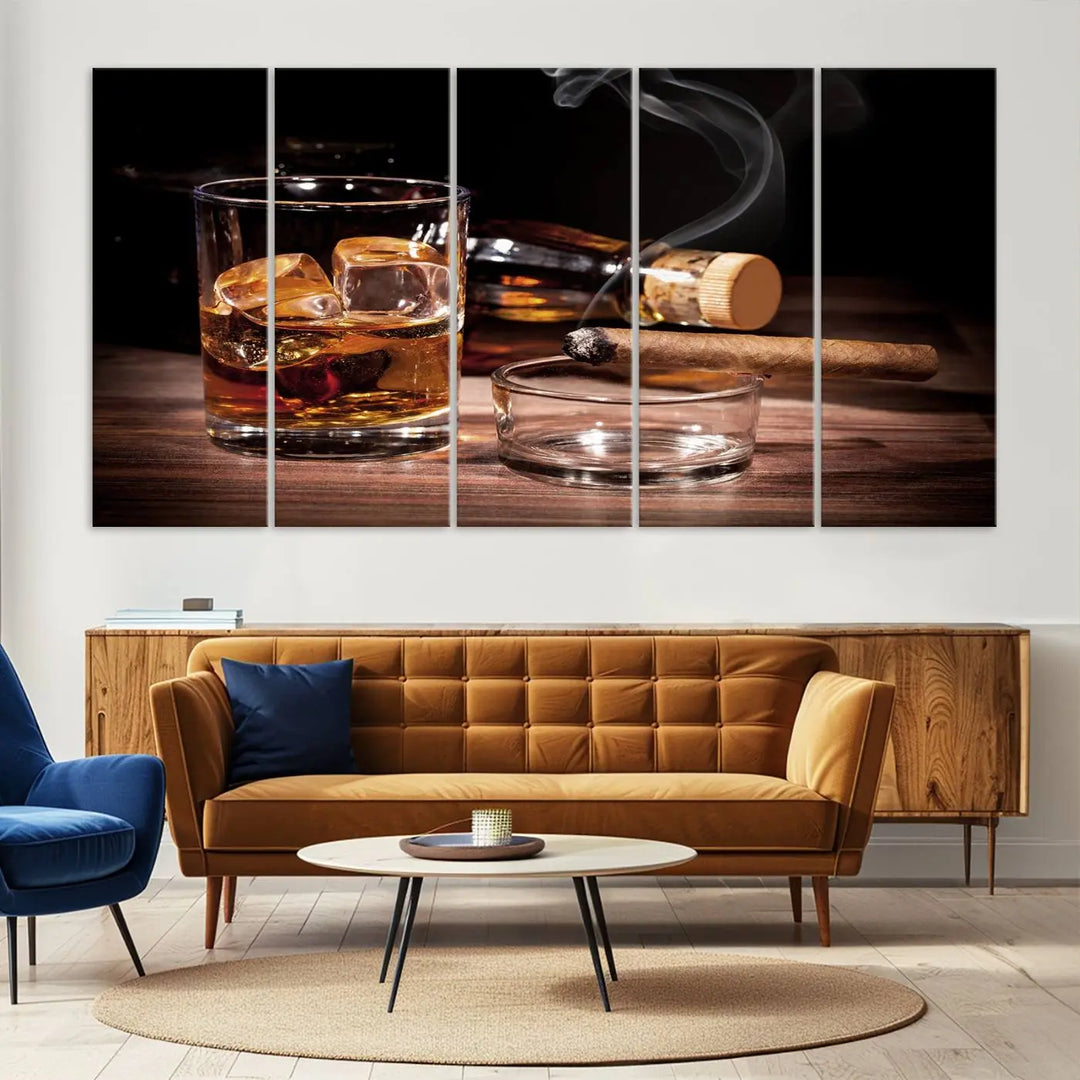 The Elegant Whiskey Art Canvas Print is showcased on the wood table.