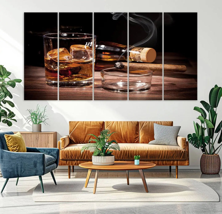 The Elegant Whiskey Art Canvas Print is showcased on the wood table.