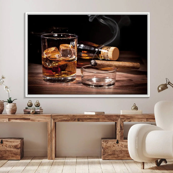 The Elegant Whiskey Art Canvas Print is showcased on the wood table.