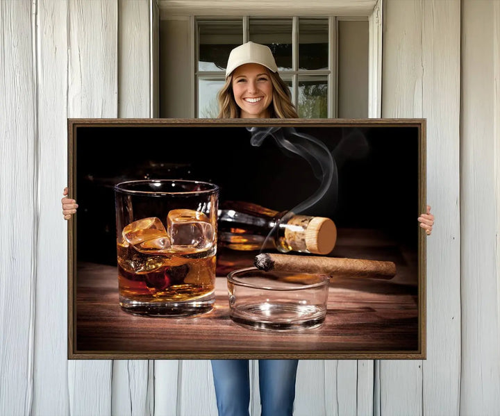 The Elegant Whiskey Art Canvas Print is showcased on the wood table.