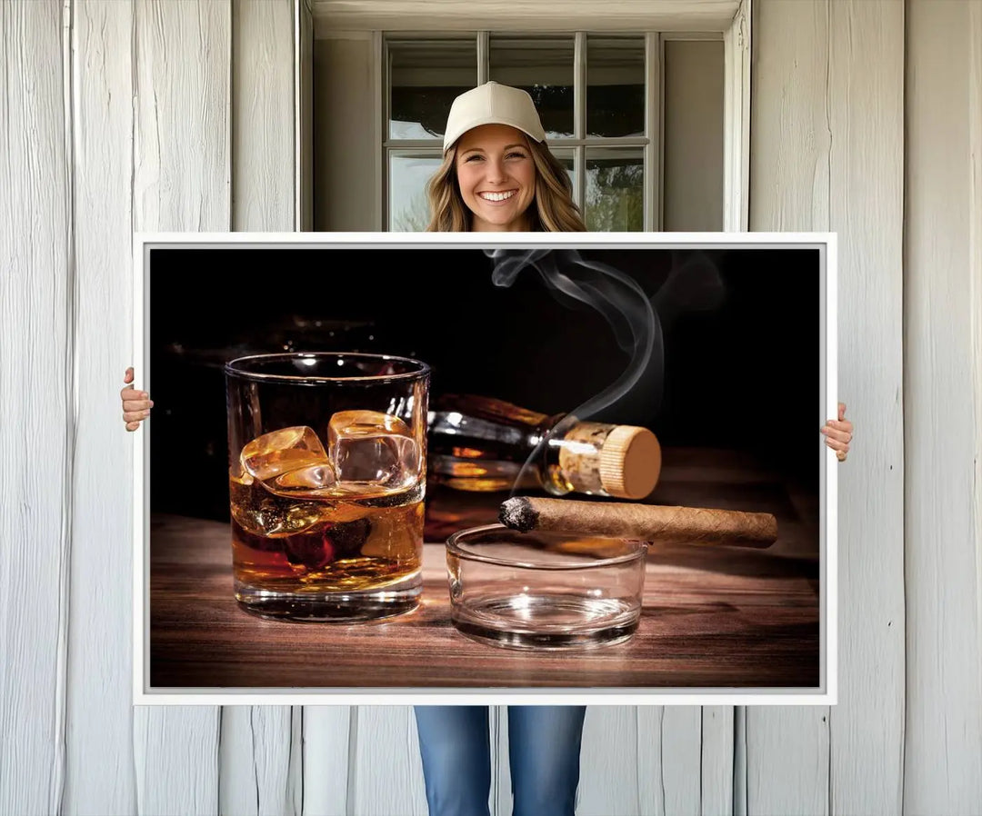 The Elegant Whiskey Art Canvas Print is showcased on the wood table.