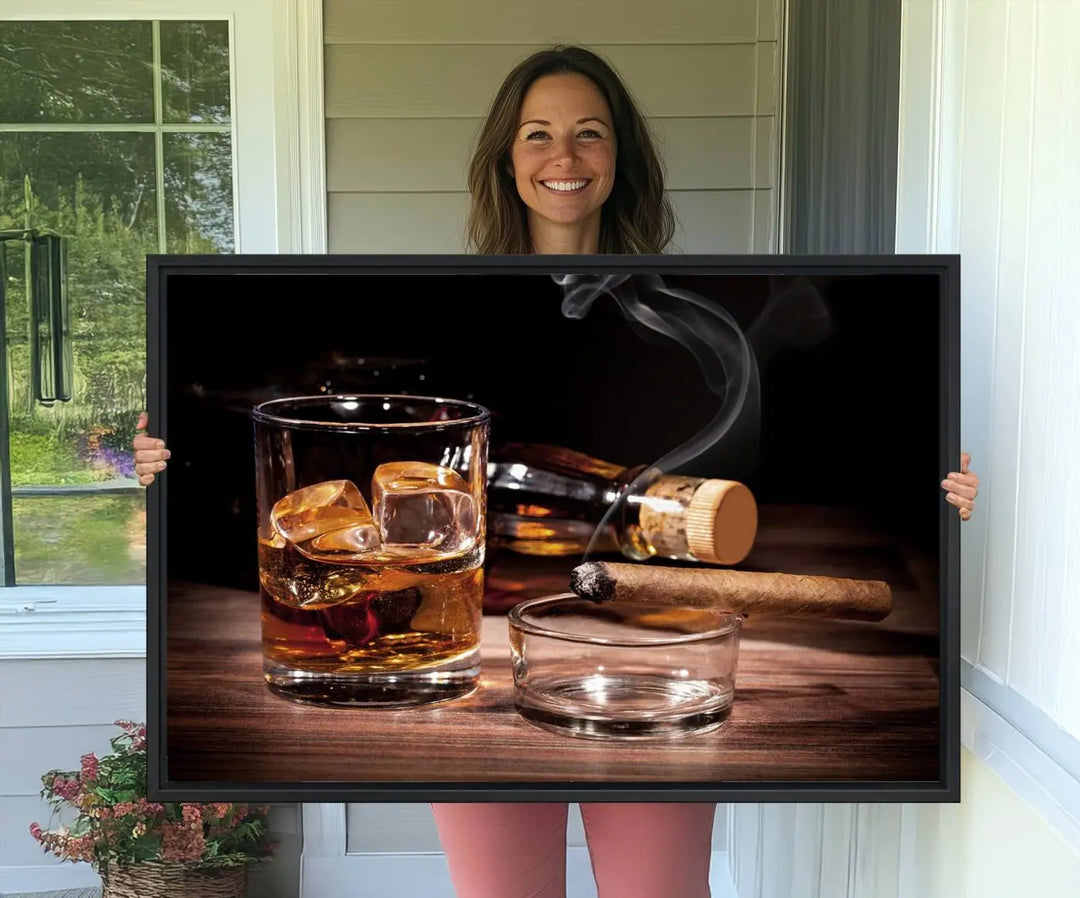 The Elegant Whiskey Art Canvas Print is showcased on the wood table.