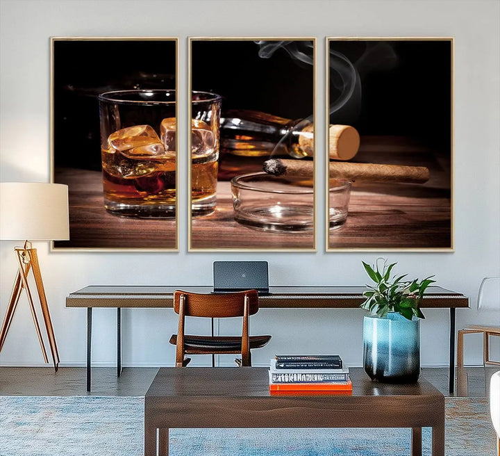 The Elegant Whiskey Art Canvas Print is showcased on the wood table.