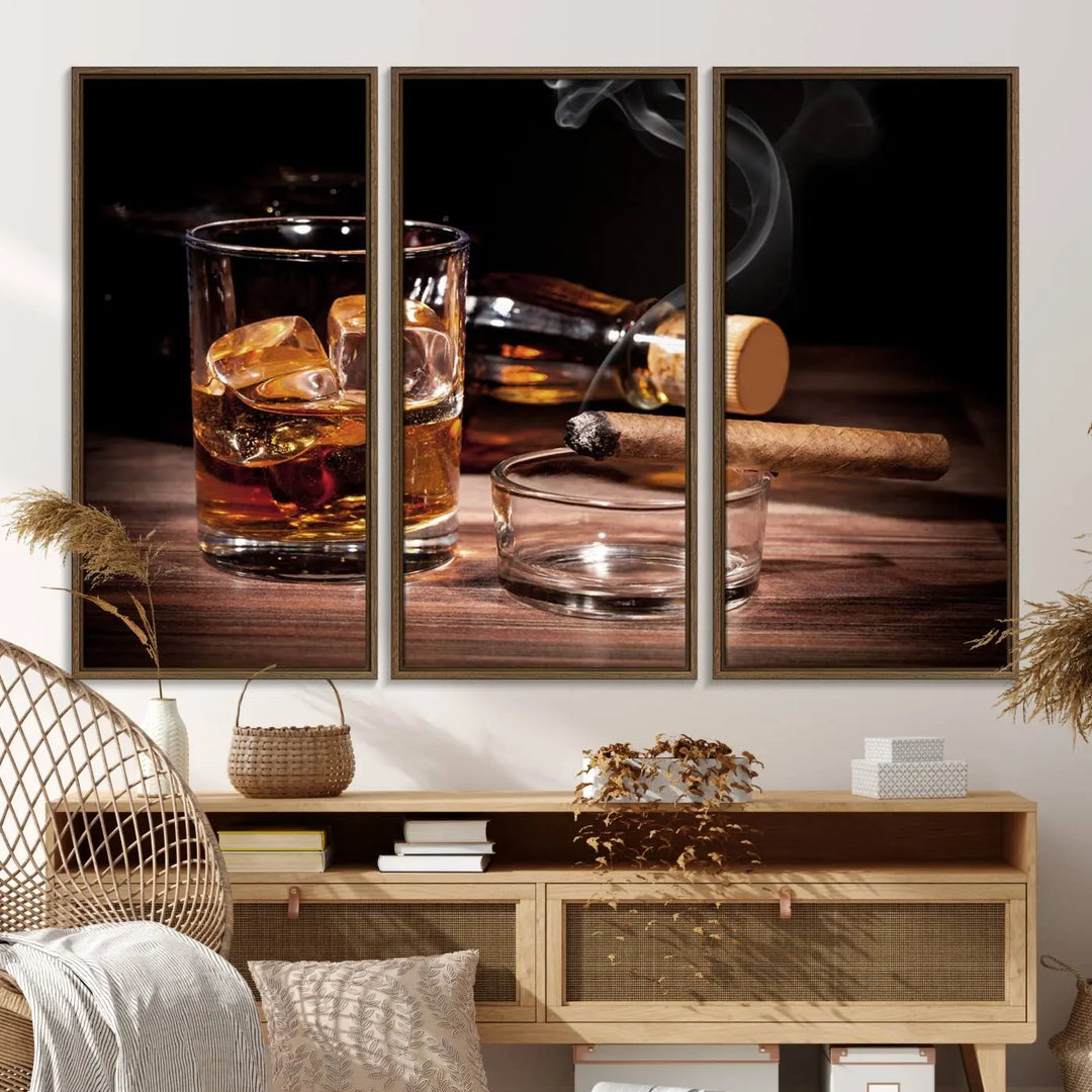 The Elegant Whiskey Art Canvas Print is showcased on the wood table.