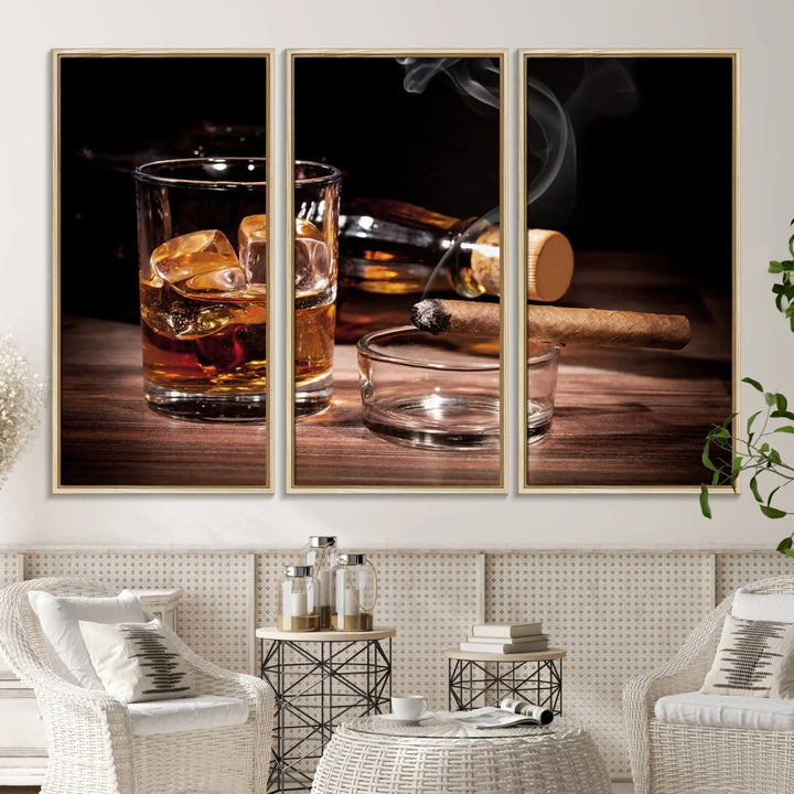 The Elegant Whiskey Art Canvas Print is showcased on the wood table.