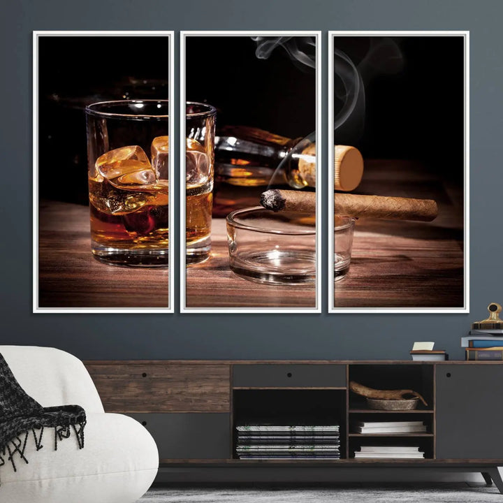 The Elegant Whiskey Art Canvas Print is showcased on the wood table.