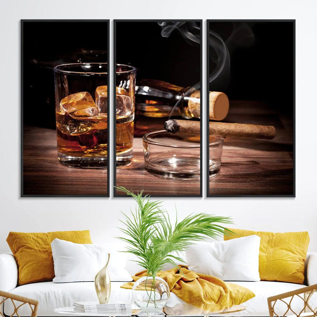 The Elegant Whiskey Art Canvas Print is showcased on the wood table.