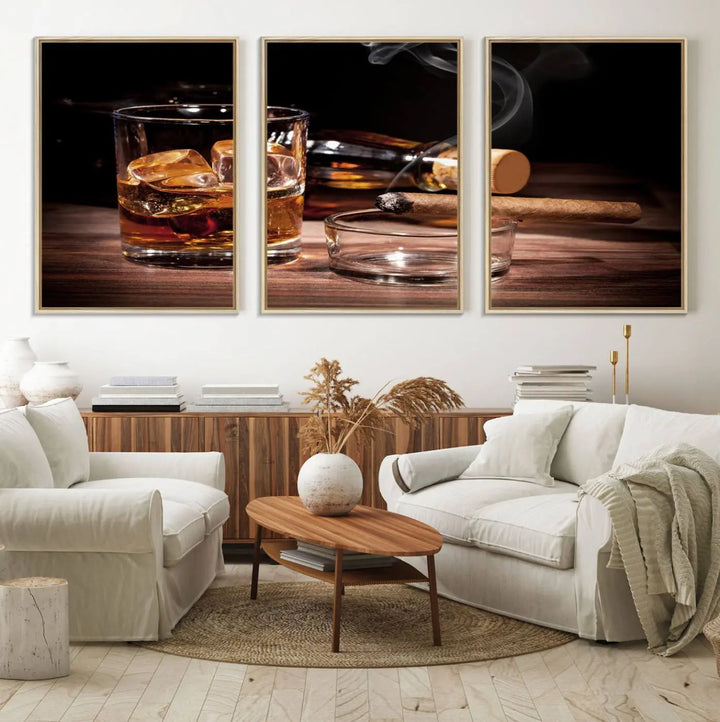 The Elegant Whiskey Art Canvas Print is showcased on the wood table.