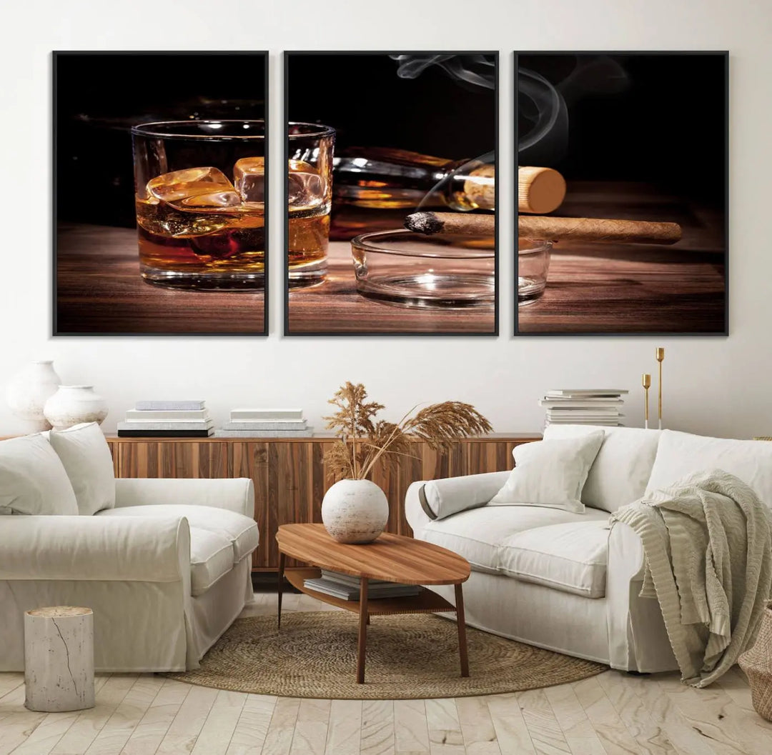 The Elegant Whiskey Art Canvas Print is showcased on the wood table.