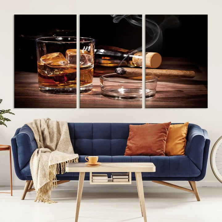 The "Elegant Whiskey Art Canvas Print," featuring whiskey, Cuban cigars, and a bottle, beautifully enhances a modern living room. This artwork is presented on gallery-wrapped, museum-quality canvases with a UV-protective coating.