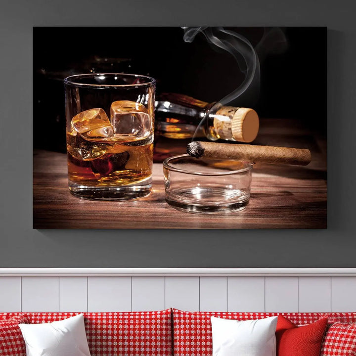 The "Elegant Whiskey Art Canvas Print," featuring whiskey, Cuban cigars, and a bottle, beautifully enhances a modern living room. This artwork is presented on gallery-wrapped, museum-quality canvases with a UV-protective coating.