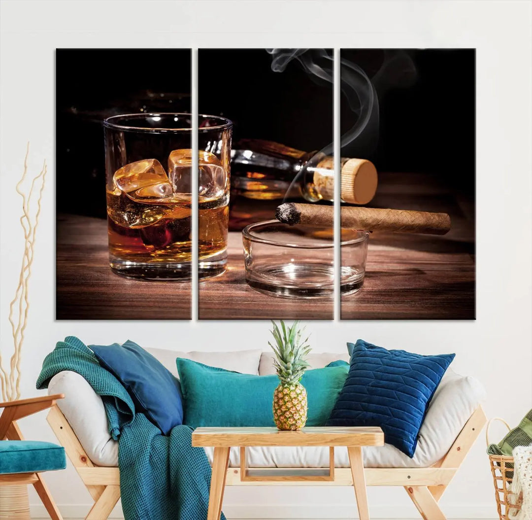 The "Elegant Whiskey Art Canvas Print," featuring whiskey, Cuban cigars, and a bottle, beautifully enhances a modern living room. This artwork is presented on gallery-wrapped, museum-quality canvases with a UV-protective coating.