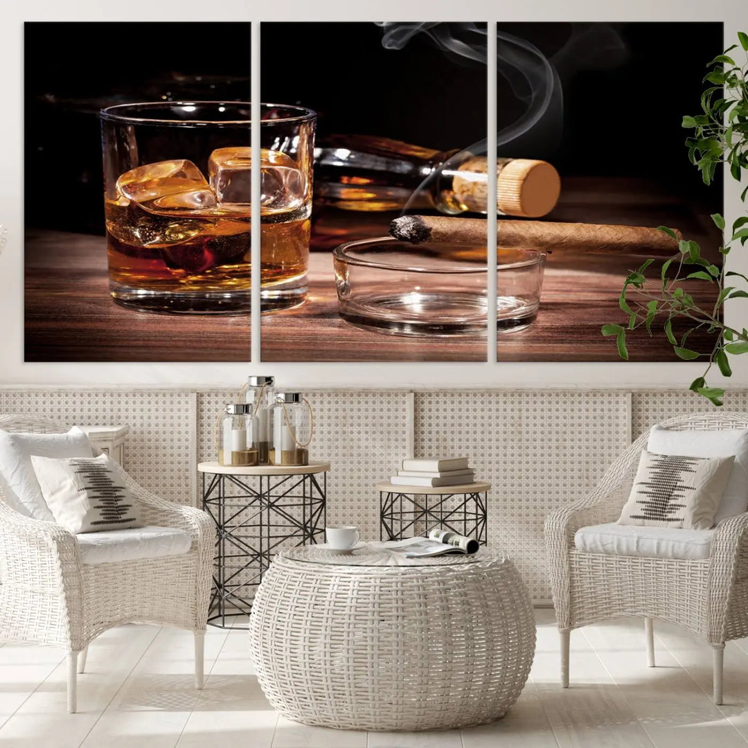 The "Elegant Whiskey Art Canvas Print," featuring whiskey, Cuban cigars, and a bottle, beautifully enhances a modern living room. This artwork is presented on gallery-wrapped, museum-quality canvases with a UV-protective coating.