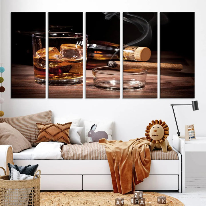 The "Elegant Whiskey Art Canvas Print," featuring whiskey, Cuban cigars, and a bottle, beautifully enhances a modern living room. This artwork is presented on gallery-wrapped, museum-quality canvases with a UV-protective coating.