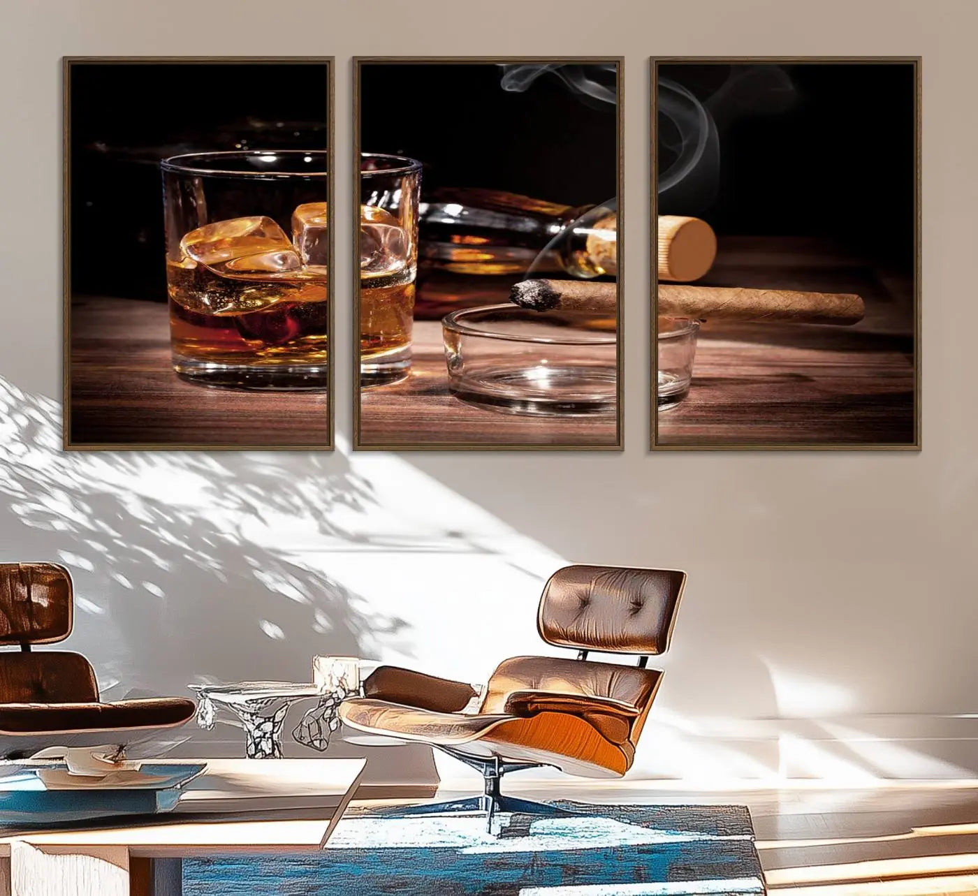 64344-MGV-FC-60X30-3P_Walnut-Elegant Whiskey Art Canvas Print Whiskey Printing Cuban Cigars Art Wall Art