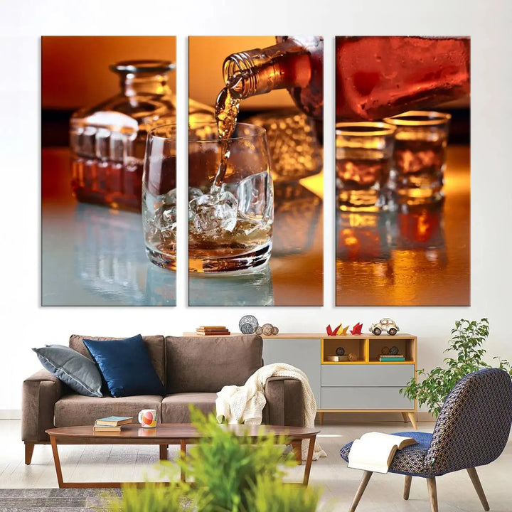 Triptych of whiskey pouring into a glass, crafted on museum-quality canvas. This Elegant Whiskey Canvas Wall Art Print Scotch Art Bourbon Art piece elevates any space with its graceful design.