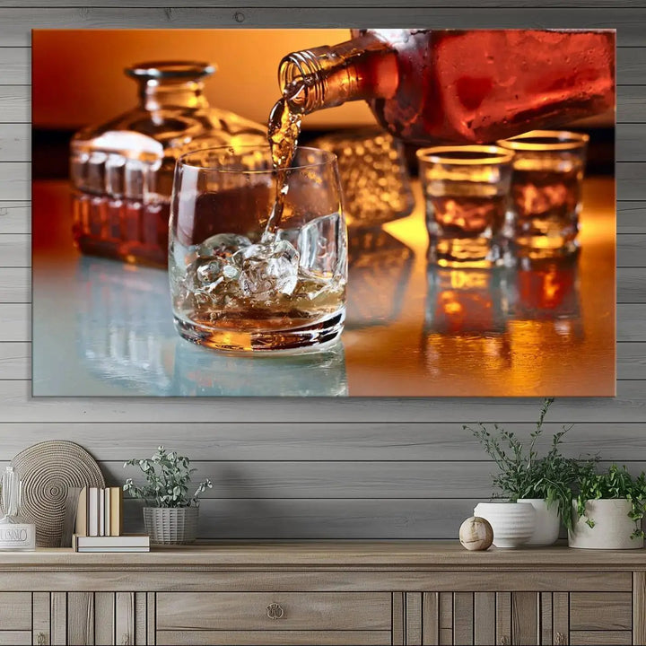 Triptych of whiskey pouring into a glass, crafted on museum-quality canvas. This Elegant Whiskey Canvas Wall Art Print Scotch Art Bourbon Art piece elevates any space with its graceful design.