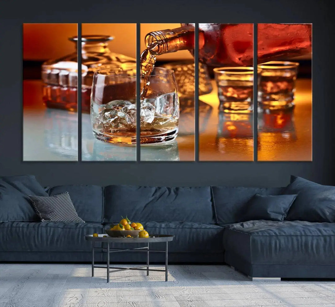 Triptych of whiskey pouring into a glass, crafted on museum-quality canvas. This Elegant Whiskey Canvas Wall Art Print Scotch Art Bourbon Art piece elevates any space with its graceful design.