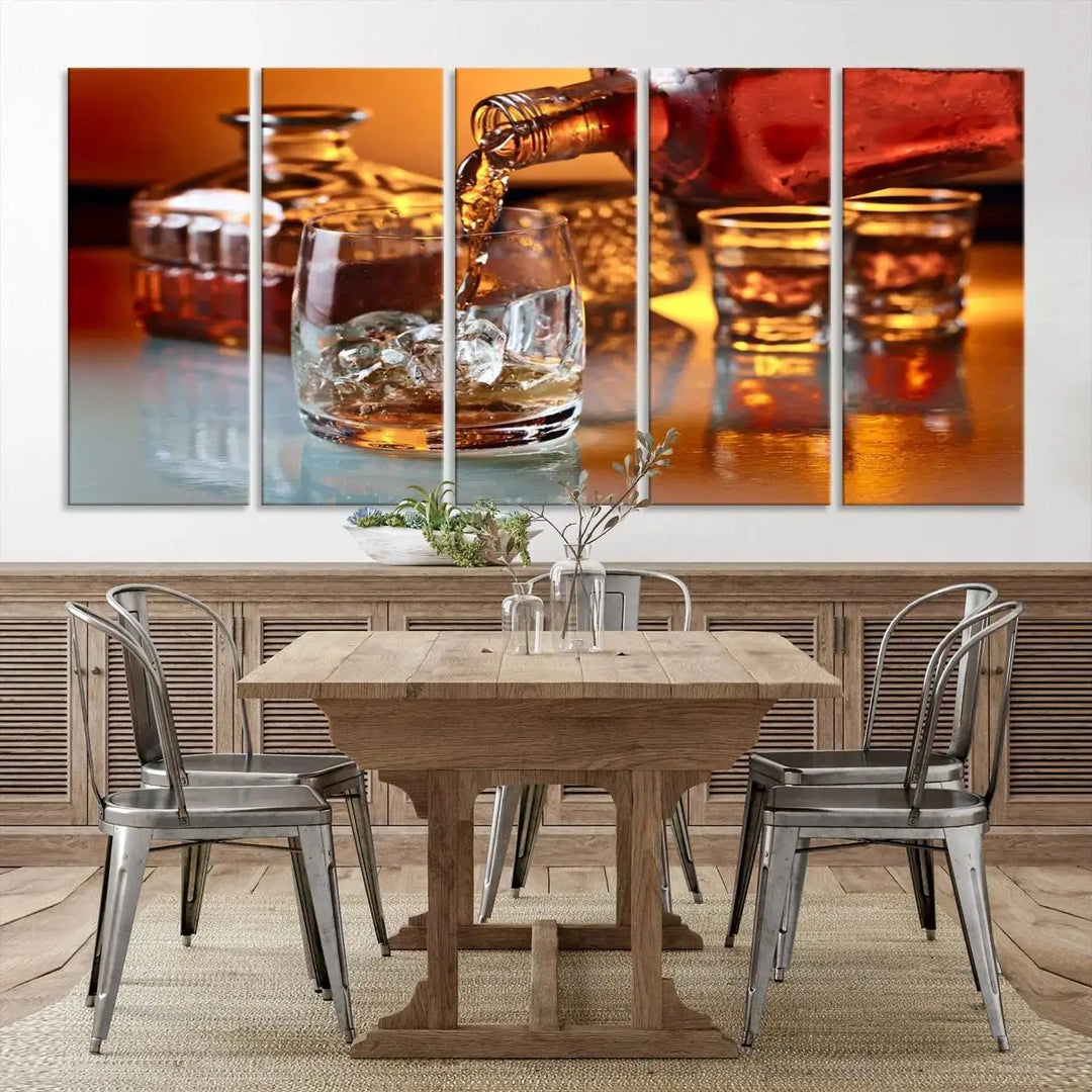 Triptych of whiskey pouring into a glass, crafted on museum-quality canvas. This Elegant Whiskey Canvas Wall Art Print Scotch Art Bourbon Art piece elevates any space with its graceful design.