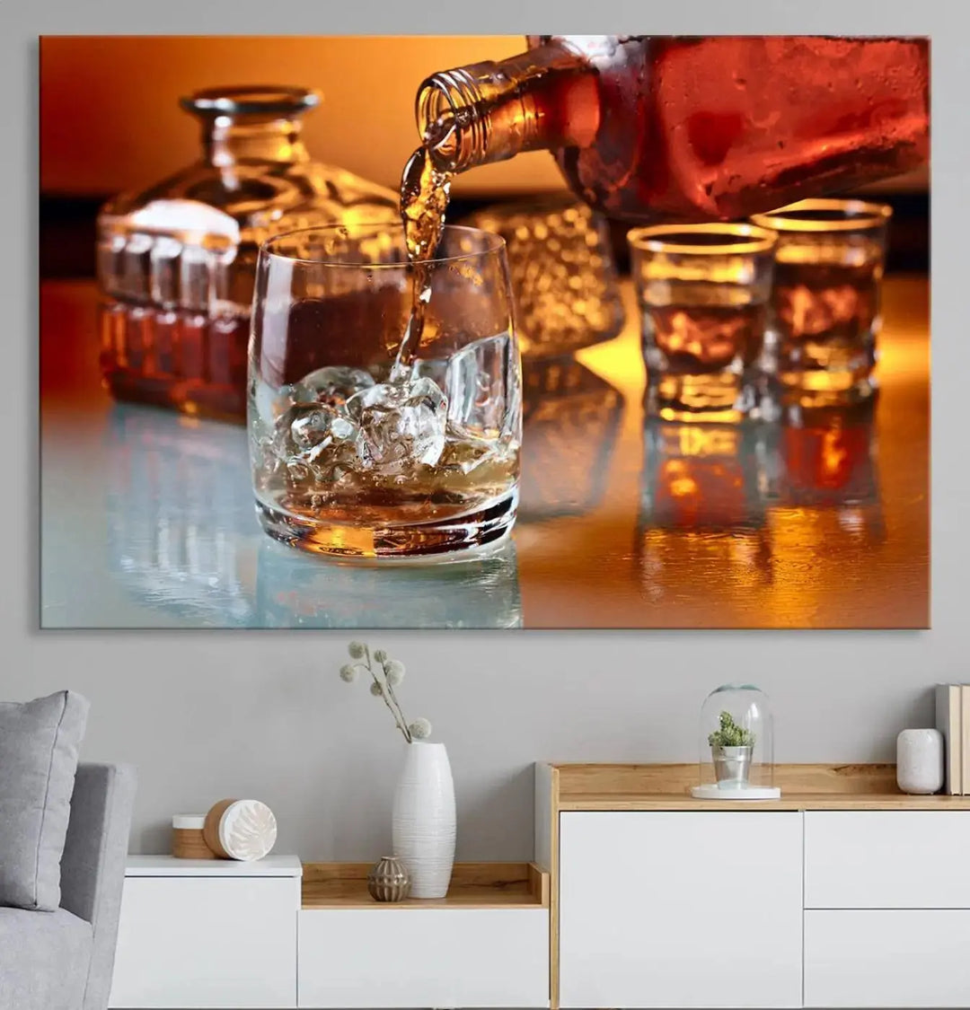 Triptych of whiskey pouring into a glass, crafted on museum-quality canvas. This Elegant Whiskey Canvas Wall Art Print Scotch Art Bourbon Art piece elevates any space with its graceful design.