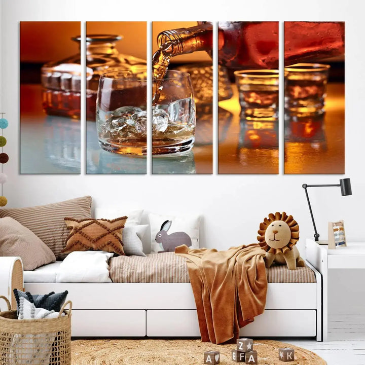 Triptych of whiskey pouring into a glass, crafted on museum-quality canvas. This Elegant Whiskey Canvas Wall Art Print Scotch Art Bourbon Art piece elevates any space with its graceful design.