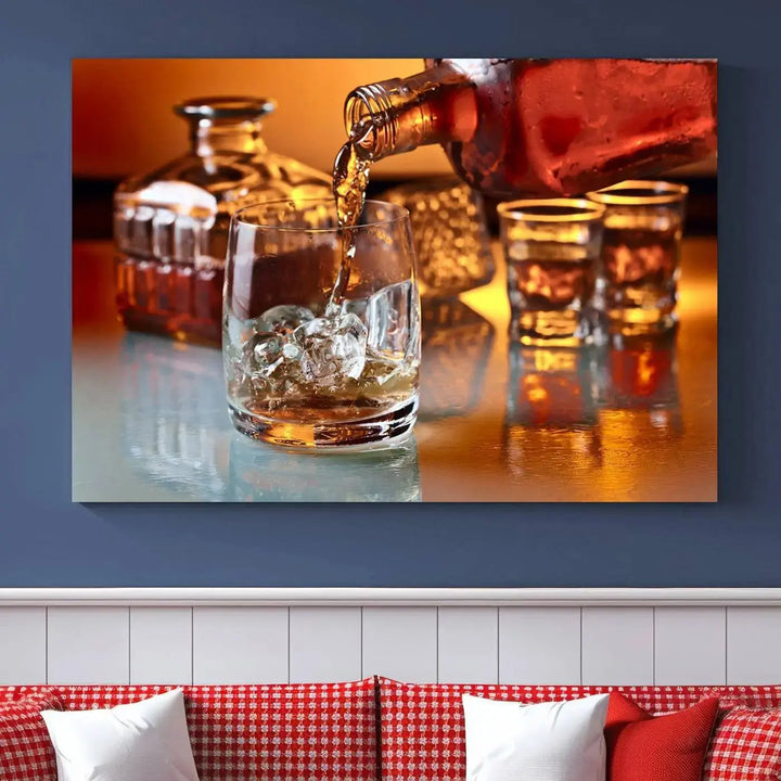 Triptych of whiskey pouring into a glass, crafted on museum-quality canvas. This Elegant Whiskey Canvas Wall Art Print Scotch Art Bourbon Art piece elevates any space with its graceful design.