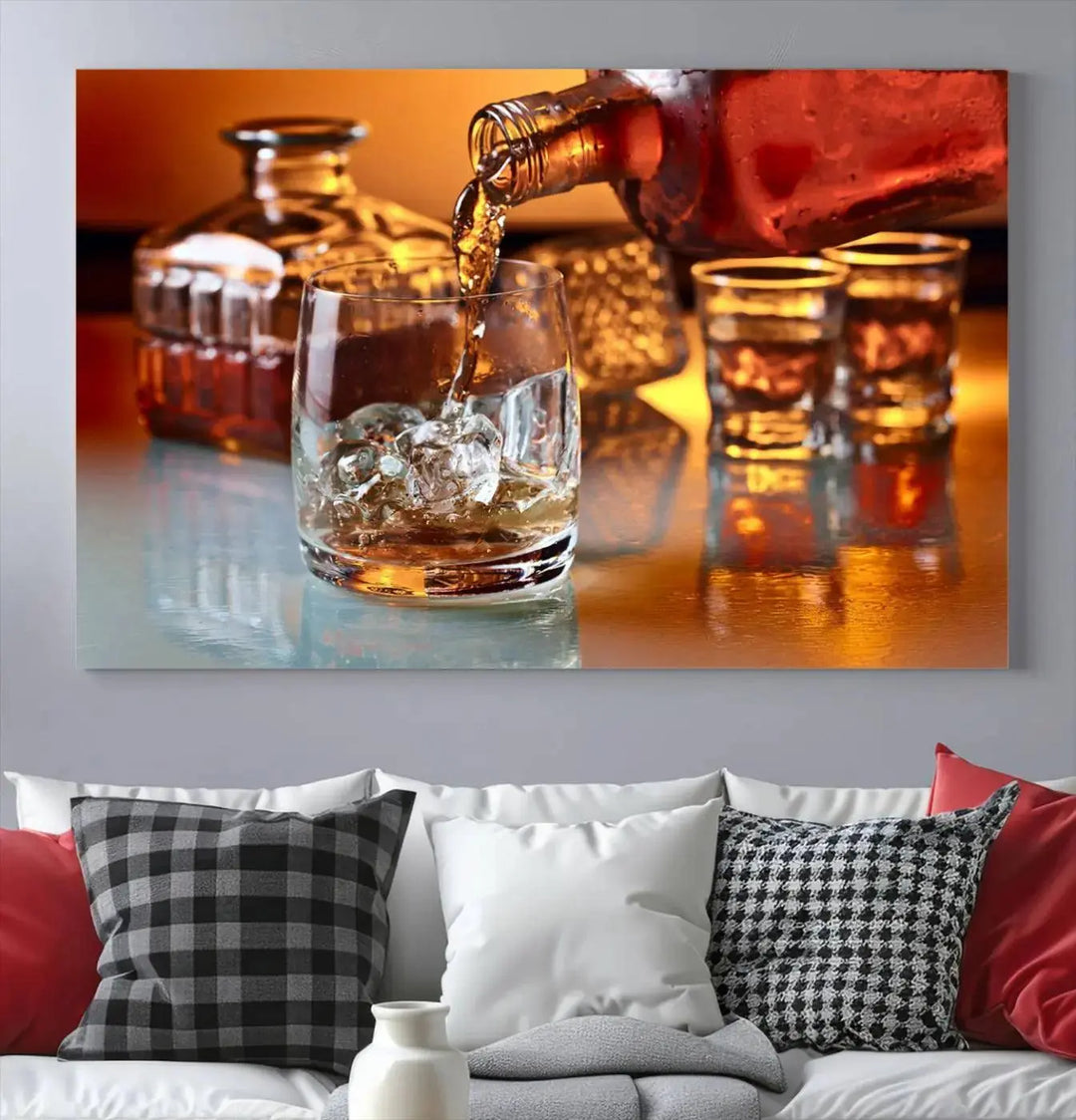 Triptych of whiskey pouring into a glass, crafted on museum-quality canvas. This Elegant Whiskey Canvas Wall Art Print Scotch Art Bourbon Art piece elevates any space with its graceful design.