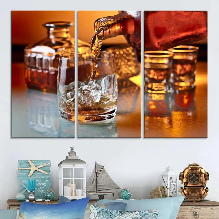 Triptych of whiskey pouring into a glass, crafted on museum-quality canvas. This Elegant Whiskey Canvas Wall Art Print Scotch Art Bourbon Art piece elevates any space with its graceful design.