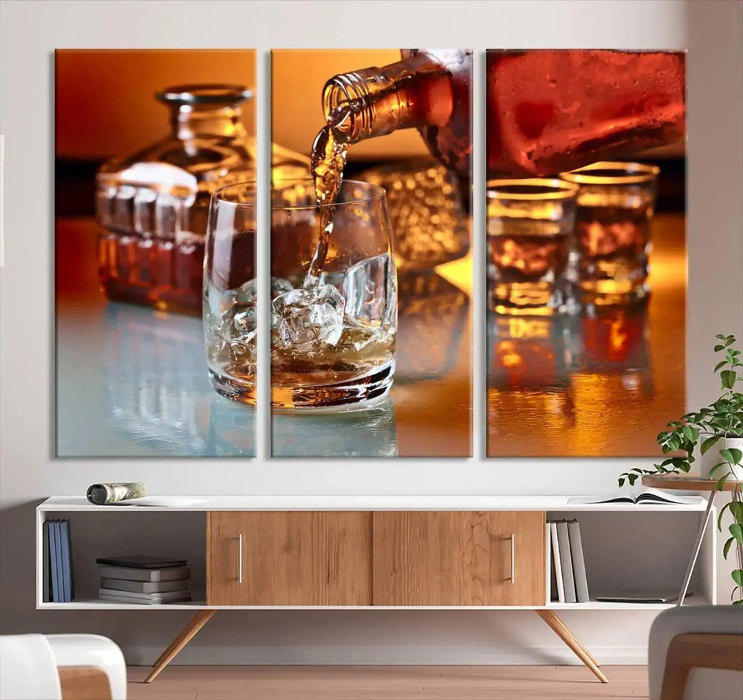 Triptych of whiskey pouring into a glass, crafted on museum-quality canvas. This Elegant Whiskey Canvas Wall Art Print Scotch Art Bourbon Art piece elevates any space with its graceful design.