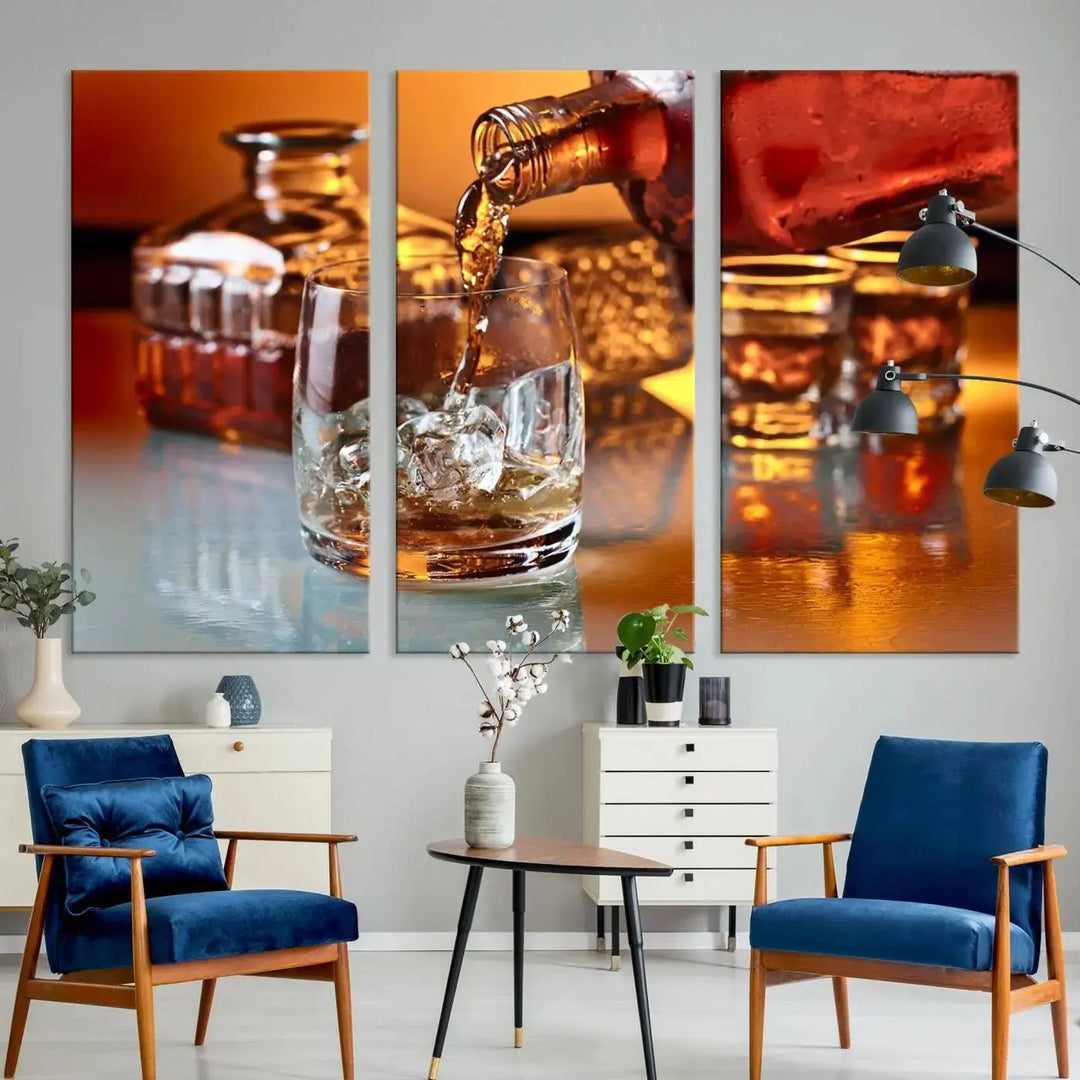 Triptych of whiskey pouring into a glass, crafted on museum-quality canvas. This Elegant Whiskey Canvas Wall Art Print Scotch Art Bourbon Art piece elevates any space with its graceful design.