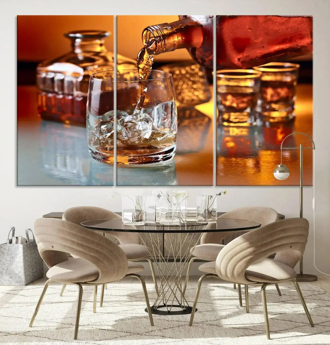 Triptych of whiskey pouring into a glass, crafted on museum-quality canvas. This Elegant Whiskey Canvas Wall Art Print Scotch Art Bourbon Art piece elevates any space with its graceful design.