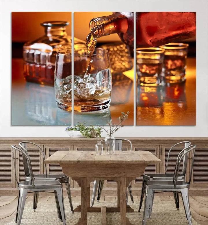 Triptych of whiskey pouring into a glass, crafted on museum-quality canvas. This Elegant Whiskey Canvas Wall Art Print Scotch Art Bourbon Art piece elevates any space with its graceful design.