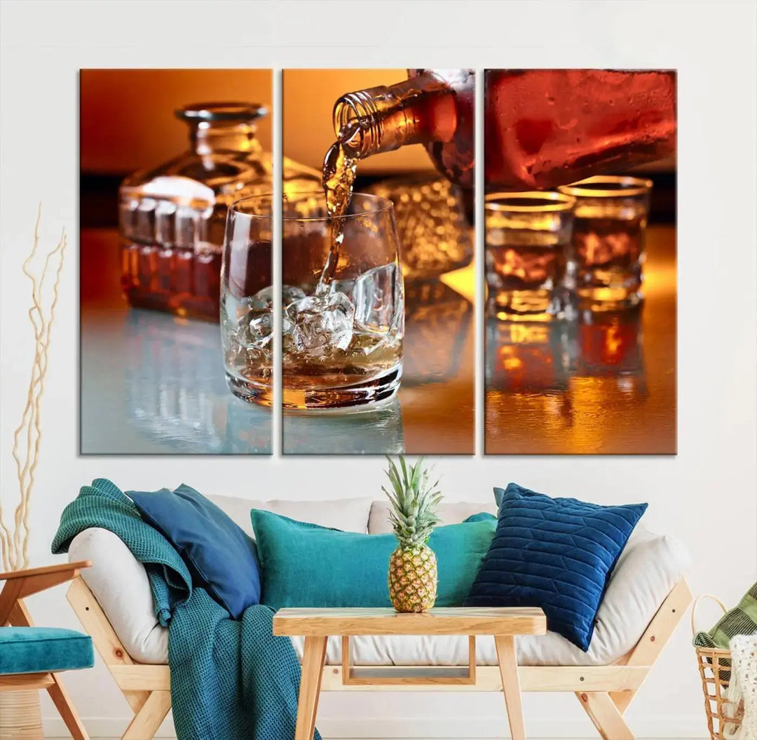 Triptych of whiskey pouring into a glass, crafted on museum-quality canvas. This Elegant Whiskey Canvas Wall Art Print Scotch Art Bourbon Art piece elevates any space with its graceful design.