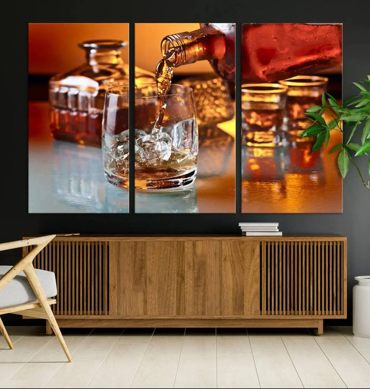 Triptych of whiskey pouring into a glass, crafted on museum-quality canvas. This Elegant Whiskey Canvas Wall Art Print Scotch Art Bourbon Art piece elevates any space with its graceful design.