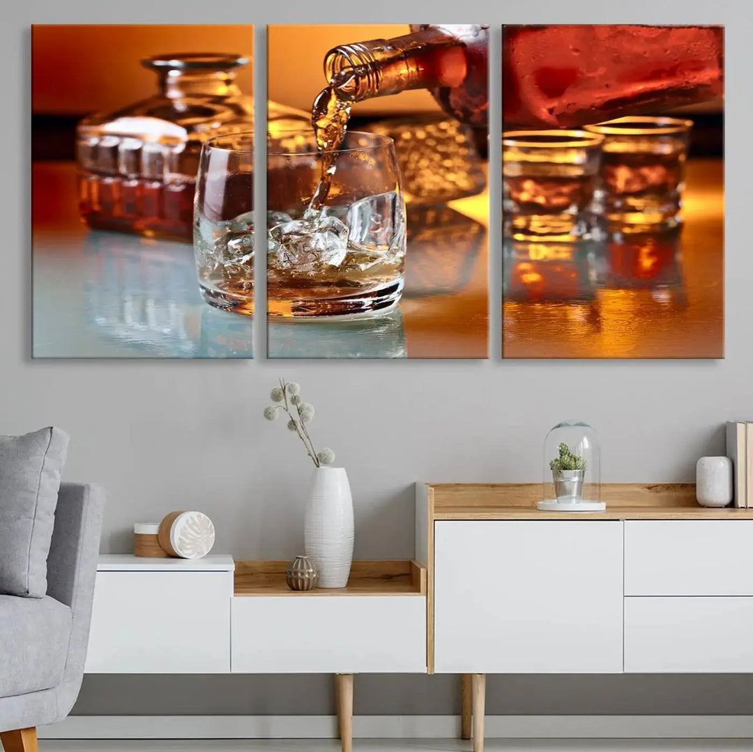 Triptych of whiskey pouring into a glass, crafted on museum-quality canvas. This Elegant Whiskey Canvas Wall Art Print Scotch Art Bourbon Art piece elevates any space with its graceful design.