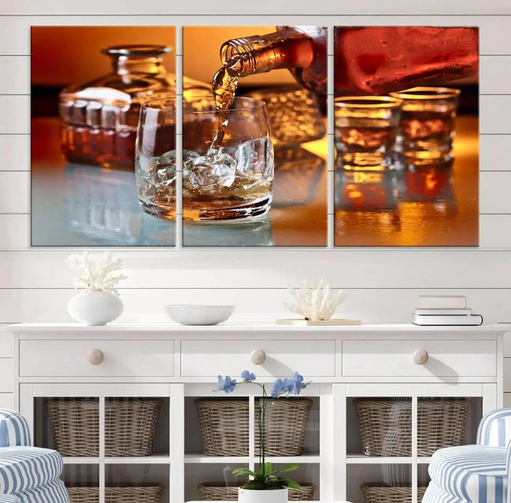 Triptych of whiskey pouring into a glass, crafted on museum-quality canvas. This Elegant Whiskey Canvas Wall Art Print Scotch Art Bourbon Art piece elevates any space with its graceful design.