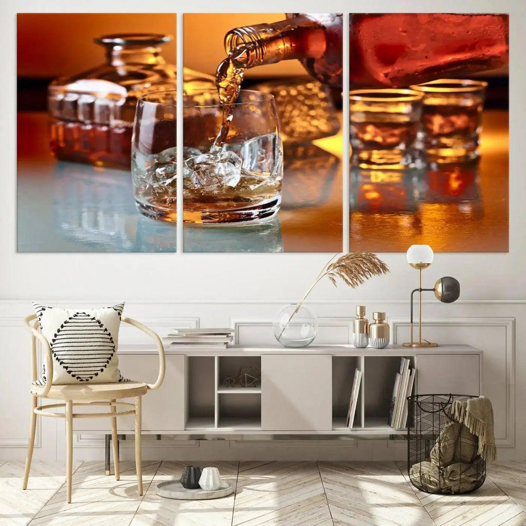 Triptych of whiskey pouring into a glass, crafted on museum-quality canvas. This Elegant Whiskey Canvas Wall Art Print Scotch Art Bourbon Art piece elevates any space with its graceful design.