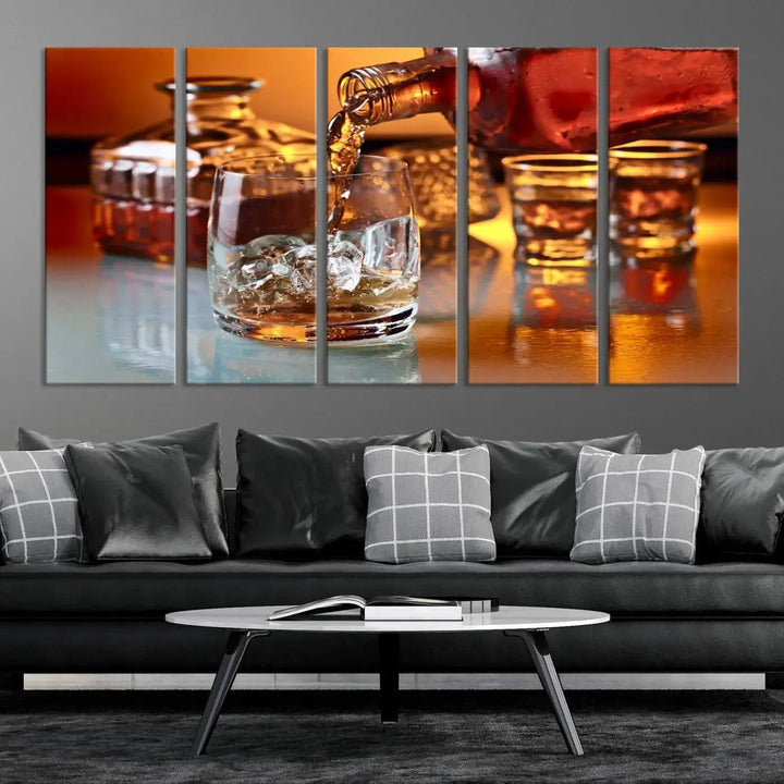 Triptych of whiskey pouring into a glass, crafted on museum-quality canvas. This Elegant Whiskey Canvas Wall Art Print Scotch Art Bourbon Art piece elevates any space with its graceful design.