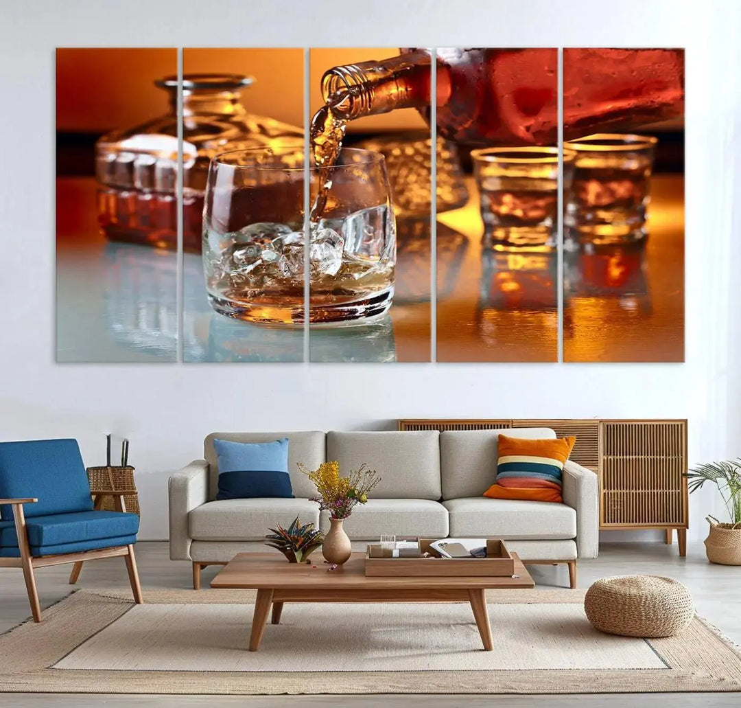 Triptych of whiskey pouring into a glass, crafted on museum-quality canvas. This Elegant Whiskey Canvas Wall Art Print Scotch Art Bourbon Art piece elevates any space with its graceful design.